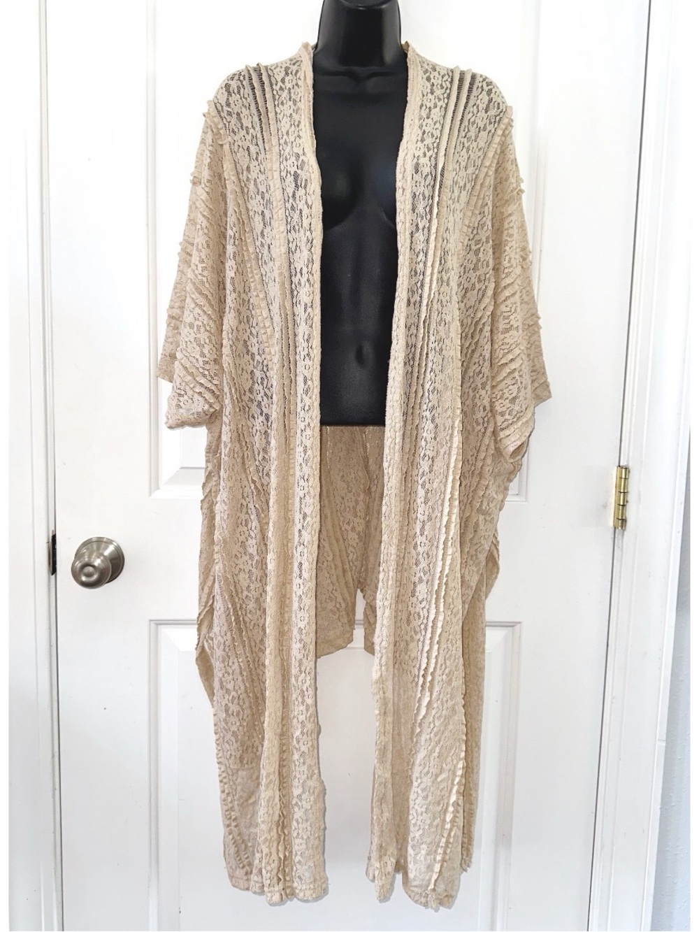 Sassybling sheer tan beige open cardigan features intricate lace detailing